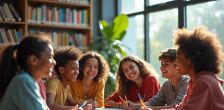 Groupe d adolescents riant dans une bibliothèque moderne