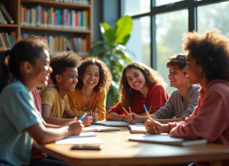 Groupe d adolescents riant dans une bibliothèque moderne