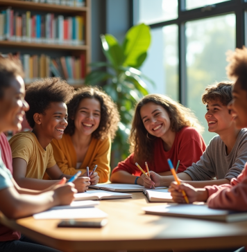 Groupe d adolescents riant dans une bibliothèque moderne