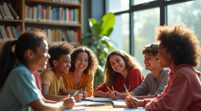 Groupe d adolescents riant dans une bibliothèque moderne