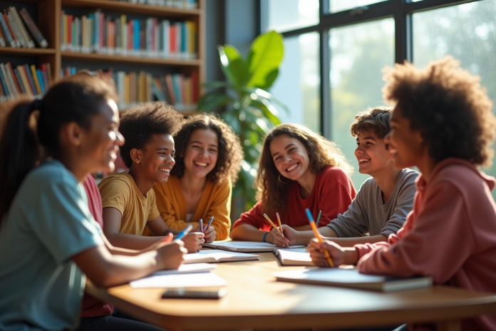 Groupe d adolescents riant dans une bibliothèque moderne