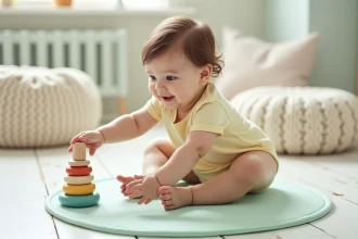 Bébé de 7 mois assis sur un tapis de jeu pastel, tendant les mains vers un jouet en bois coloré dans une chambre scandinave