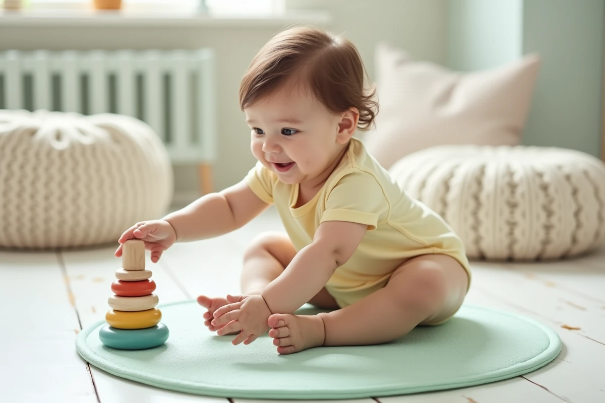 Bébé de 7 mois assis sur un tapis de jeu pastel, tendant les mains vers un jouet en bois coloré dans une chambre scandinave