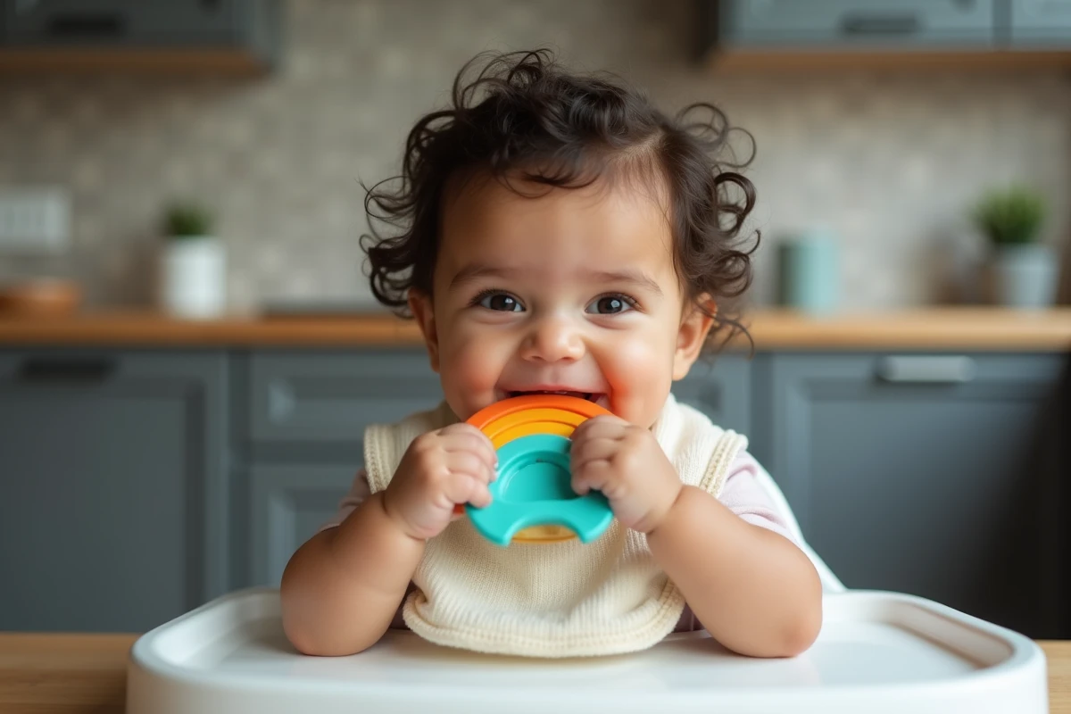 Bébé de 7 mois dans une chaise haute tenant un jouet de dentition en silicone coloré dans la cuisine familiale