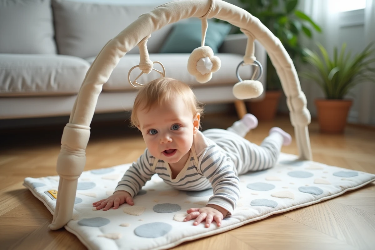 Bébé de 7 mois en tapis d'éveil en position ventre, explorant un arche de jeux avec jouets sensoriels suspendus dans un salon moderne