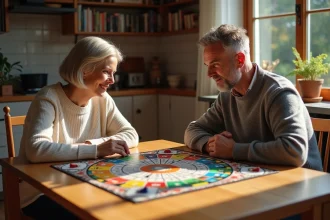 Deux joueurs adultes en train de jouer à Trivial Pursuit autour d'une table en bois, avec le plateau de jeu visible montrant les cases colorées et les pions