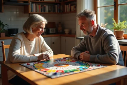 Deux joueurs adultes en train de jouer à Trivial Pursuit autour d'une table en bois, avec le plateau de jeu visible montrant les cases colorées et les pions
