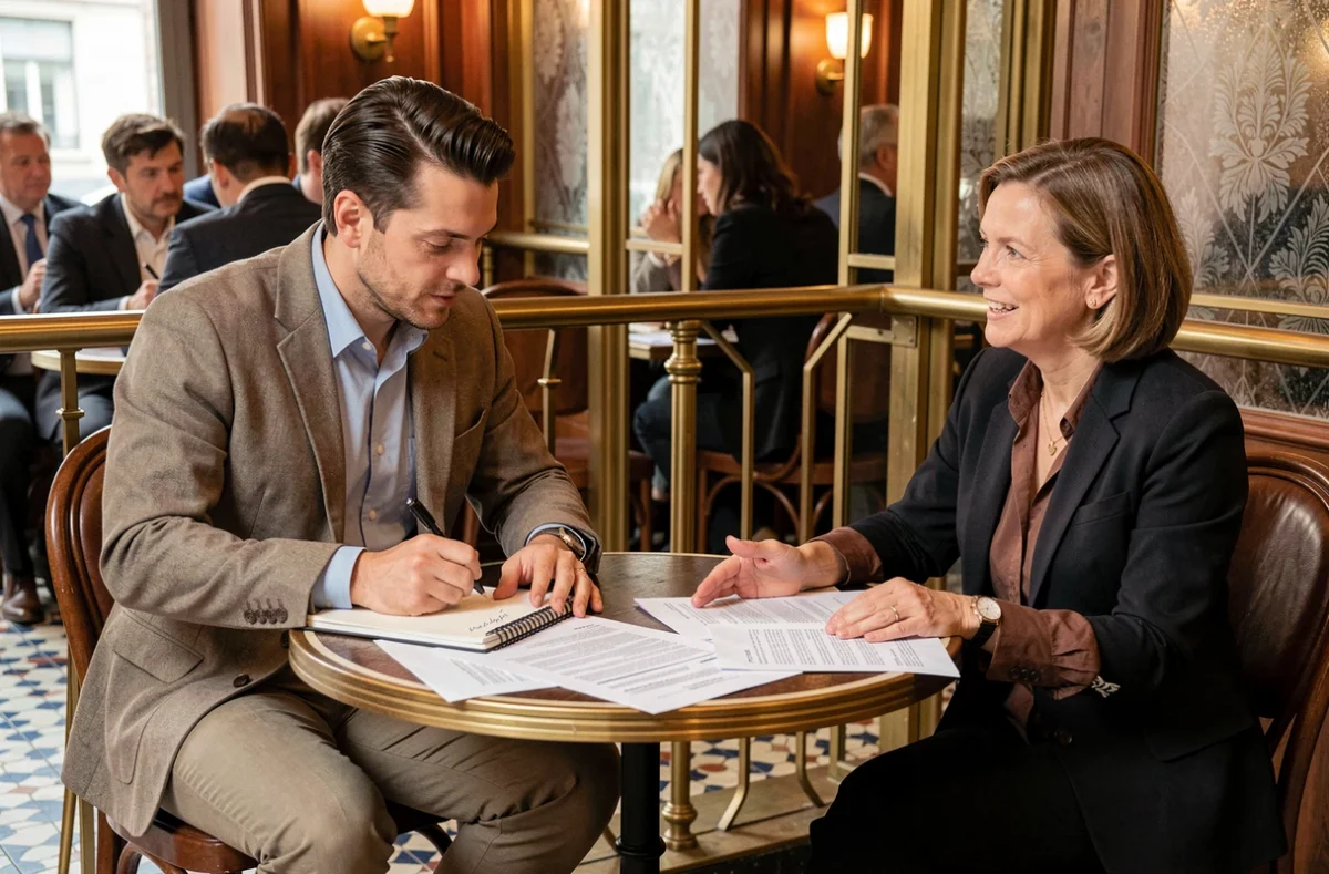 Deux journalistes discutant de témoignages et de documents dans une brasserie parisienne, symbolisant l'enquête journalistique sur une révélation en 2026