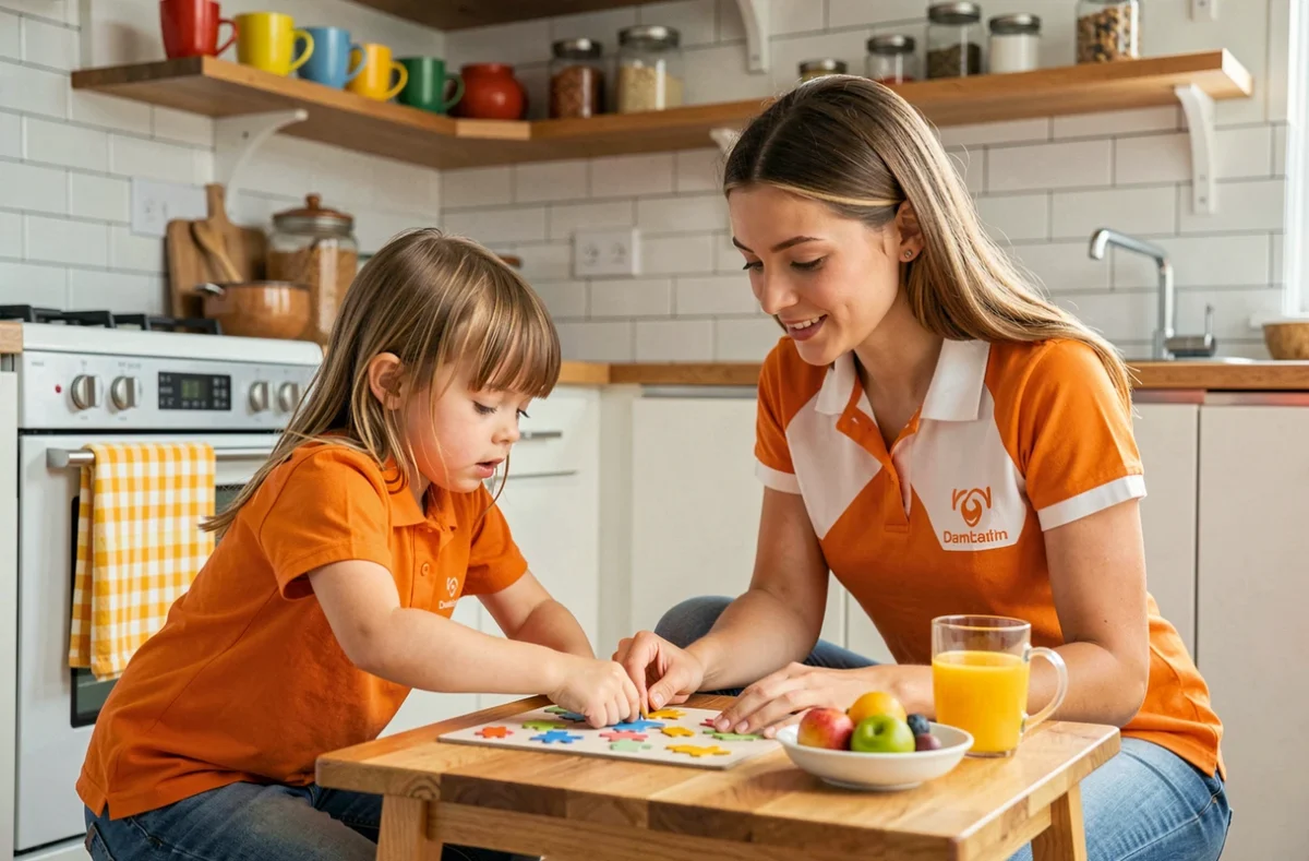 Une baby-sitter Kangourou Kids aide une petite fille à compléter un puzzle dans une cuisine familiale française