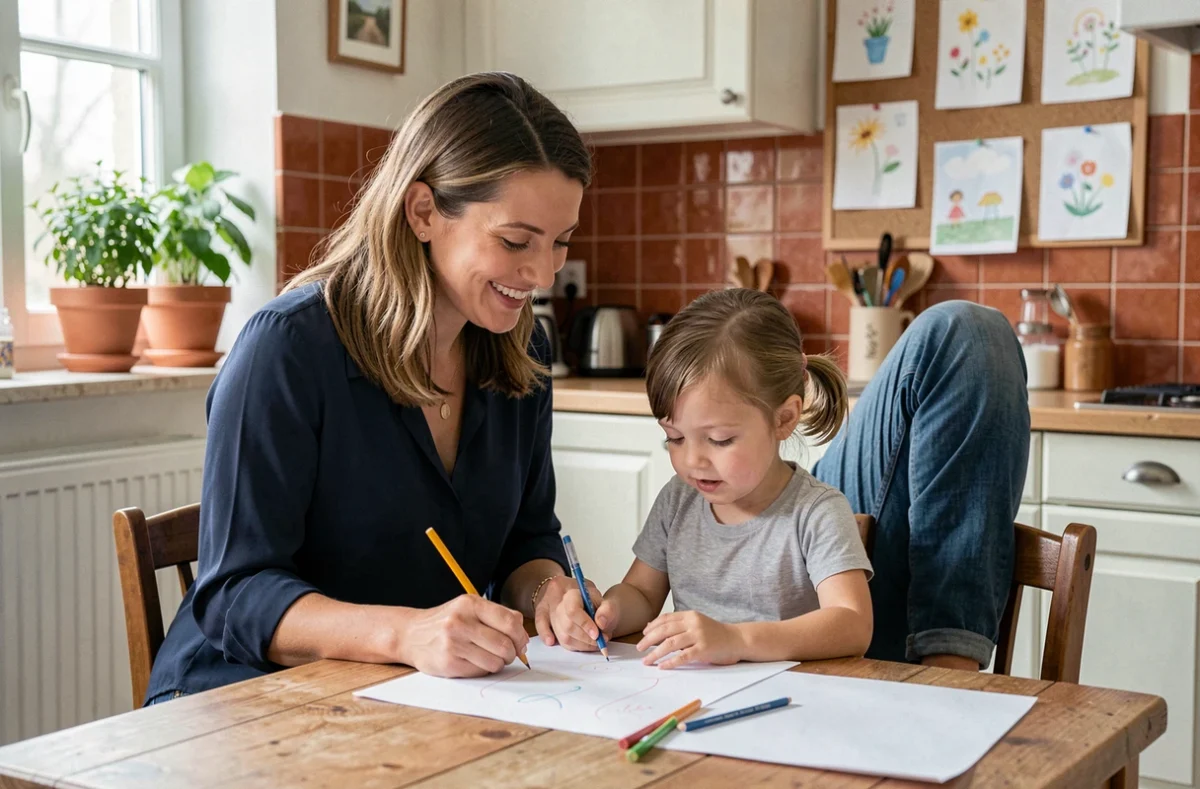 Une professionnelle de La Compagnie des Familles aide une petite fille à dessiner dans une cuisine familiale française