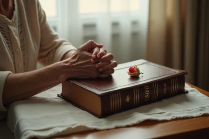 Mains d'une femme âgée tenant une Bible usée avec un pétale de rose séché, symbole de foi et de deuil maternel