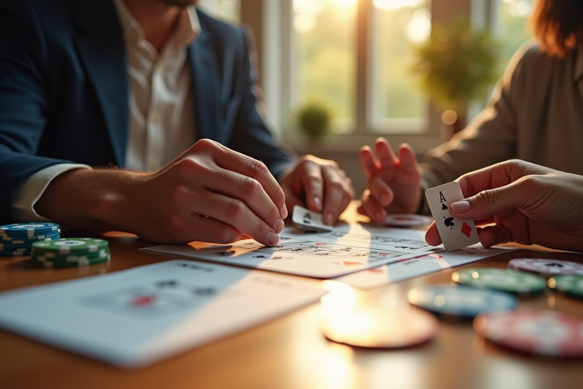 Mains jouant aux cartes sur une table en bois en journée