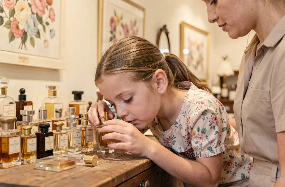 Petite fille découvrant les parfums lors d'un atelier à la Maison Fragonard de Saint-Germain-en-Laye
