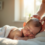 Jeune maman lavant doucement son bébé dans la salle de bain