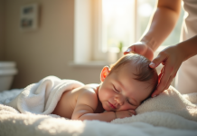 Jeune maman lavant doucement son bébé dans la salle de bain