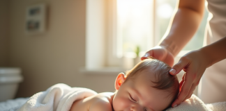 Jeune maman lavant doucement son bébé dans la salle de bain