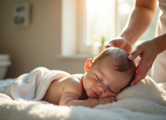 Jeune maman lavant doucement son bébé dans la salle de bain