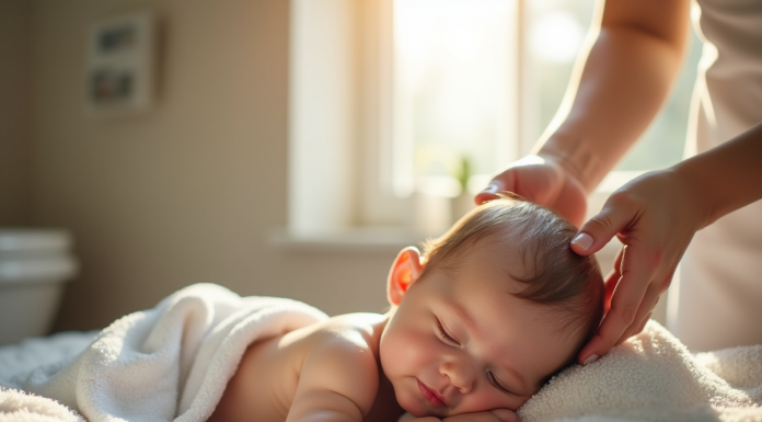Jeune maman lavant doucement son bébé dans la salle de bain