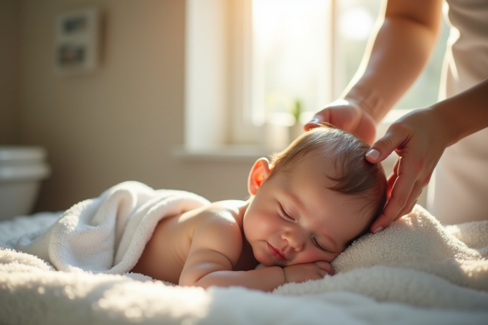 maman-bain-bebe-naturel Jeune maman lavant doucement son bébé dans la salle de bain