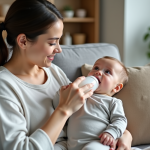 Jeune maman donnant le biberon à son bébé dans le salon