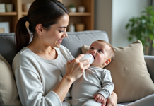Jeune maman donnant le biberon à son bébé dans le salon