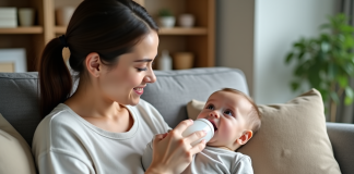 Meilleurs horaires pour nourrir bébé : répondre à ses besoins Jeune maman donnant le biberon à son bébé dans le salon
