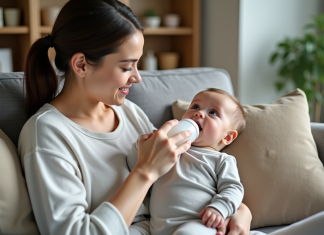 Jeune maman donnant le biberon à son bébé dans le salon