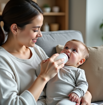 Meilleurs horaires pour nourrir bébé : répondre à ses besoins Jeune maman donnant le biberon à son bébé dans le salon