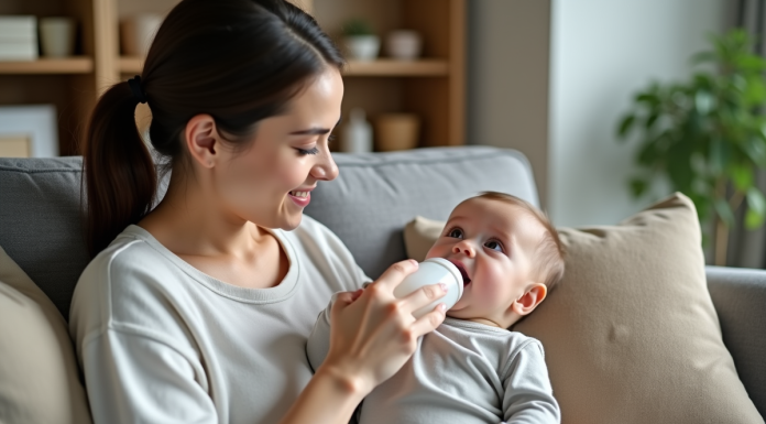 Jeune maman donnant le biberon à son bébé dans le salon