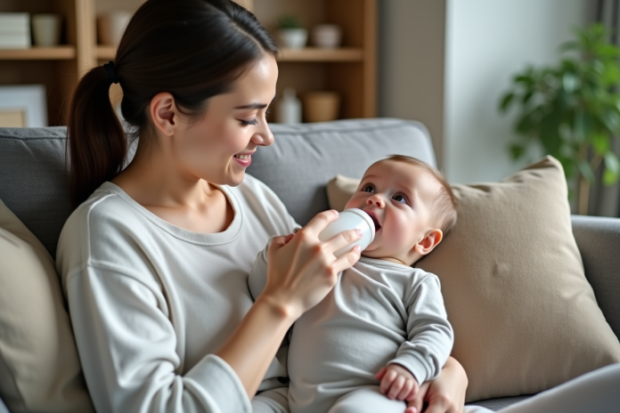 Jeune maman donnant le biberon à son bébé dans le salon