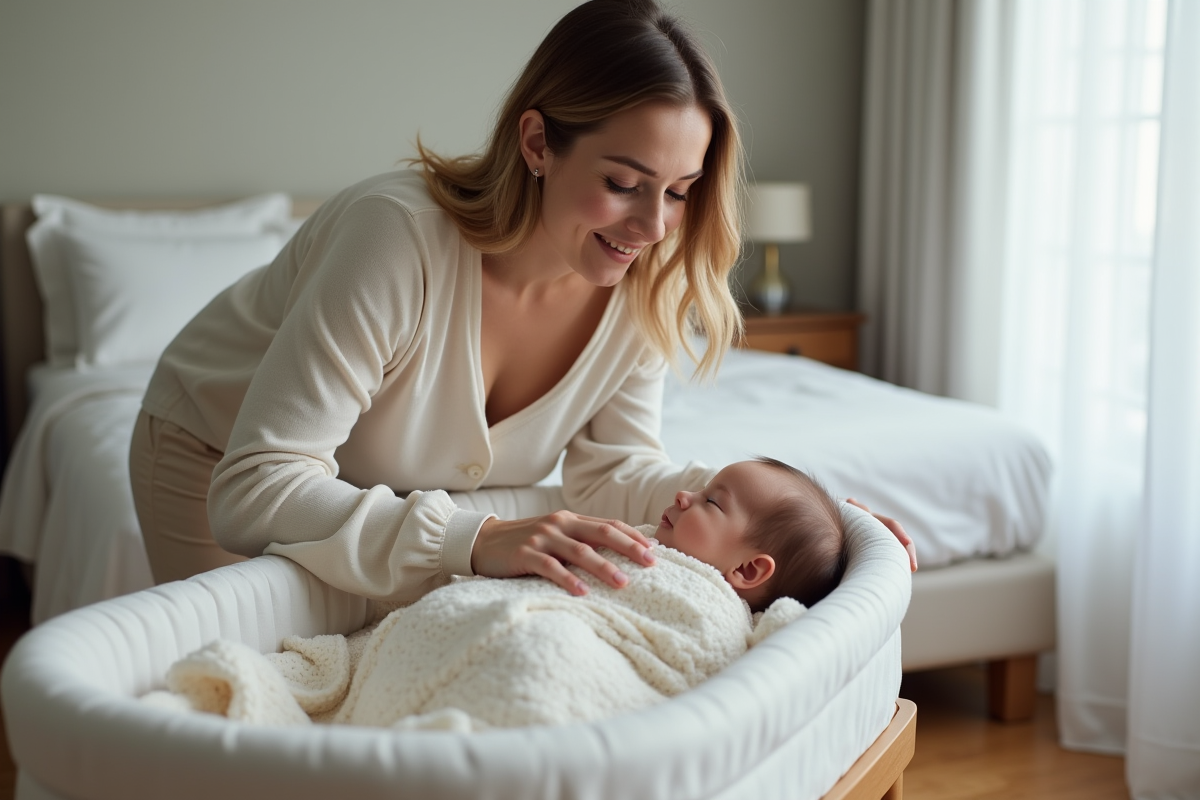 Maman place tendrement son bébé dans un berceau moderne