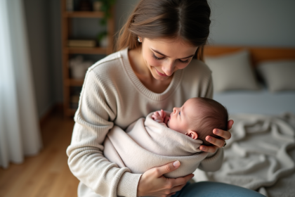 Jeune maman souriante enveloppant son bébé dans une couverture pastel