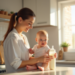 Maman souriante préparant un biberon de lait pour bébé dans une cuisine lumineuse