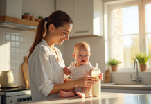 Maman souriante préparant un biberon de lait pour bébé dans une cuisine lumineuse