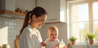 Maman souriante préparant un biberon de lait pour bébé dans une cuisine lumineuse