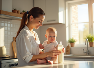 Maman souriante préparant un biberon de lait pour bébé dans une cuisine lumineuse