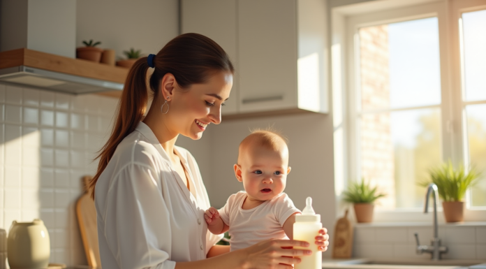 Maman souriante préparant un biberon de lait pour bébé dans une cuisine lumineuse