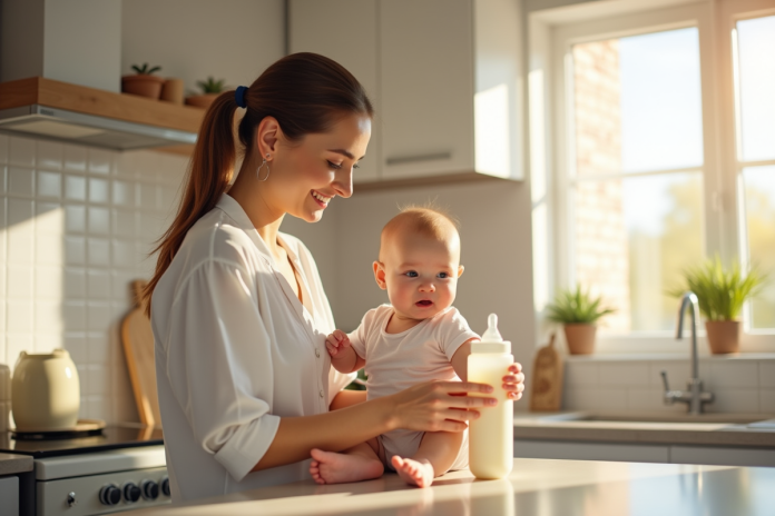 Maman souriante préparant un biberon de lait pour bébé dans une cuisine lumineuse