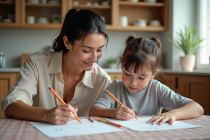 Femme aidant un enfant à faire ses devoirs de coloriage à la maison