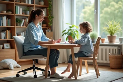 Femme et fille dessinant dans un salon chaleureux