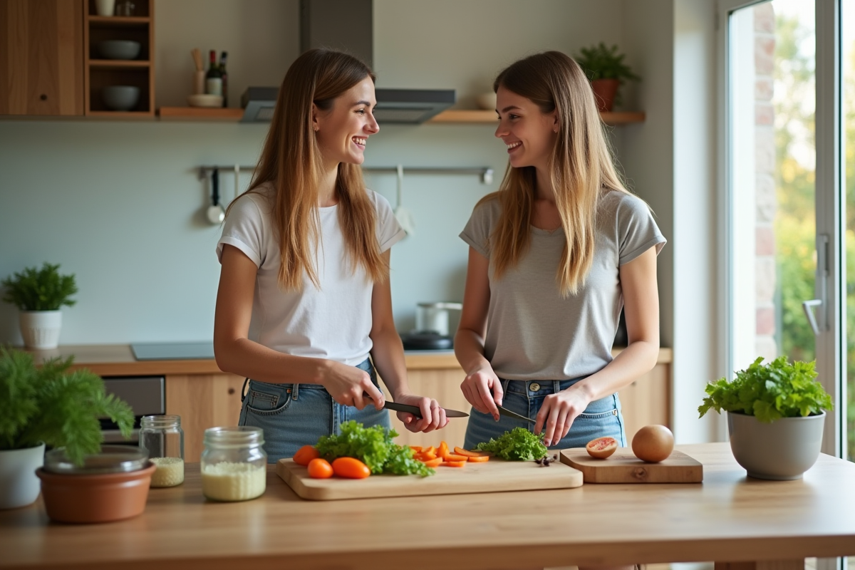 Mère et fille préparant une salade dans la cuisine moderne
