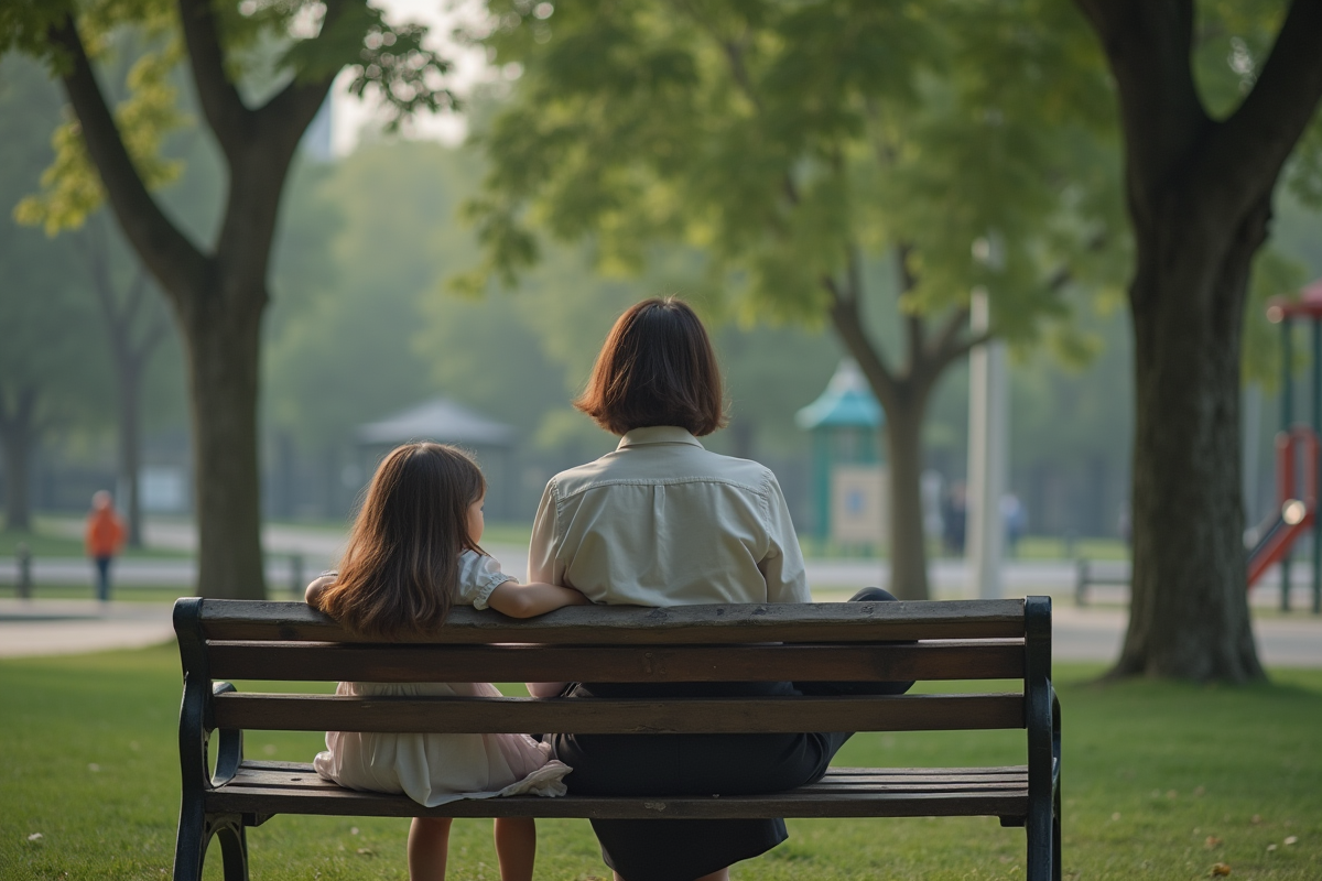 Mère et fille assises sur un banc de parc
