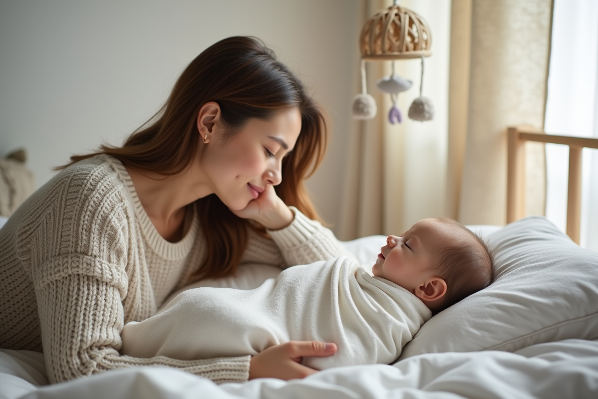 Maman regarde son bébé endormi dans une chambre moderne