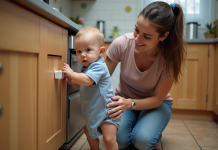 Sécuriser sa maison pour bébé : les bons gestes à adopter Jeune maman installe un verrou de sécurité pour bébé dans la cuisine