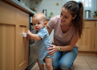 Sécuriser sa maison pour bébé : les bons gestes à adopter Jeune maman installe un verrou de sécurité pour bébé dans la cuisine