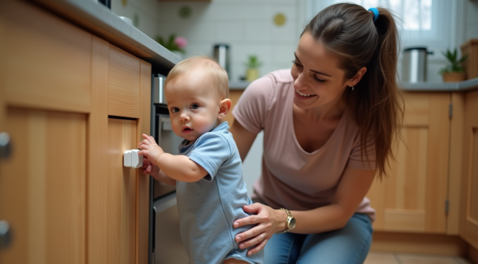Jeune maman installe un verrou de sécurité pour bébé dans la cuisine