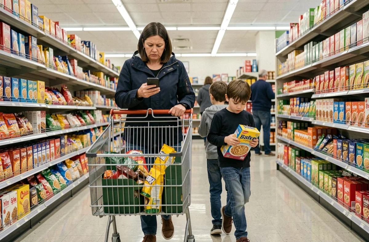 Maman solo faisant les courses au supermarché avec ses deux fils, scène du quotidien des familles monoparentales