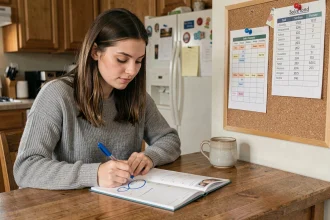 Mère organisant le calendrier scolaire semaine paire et impaire dans un agenda papier à la table de cuisine