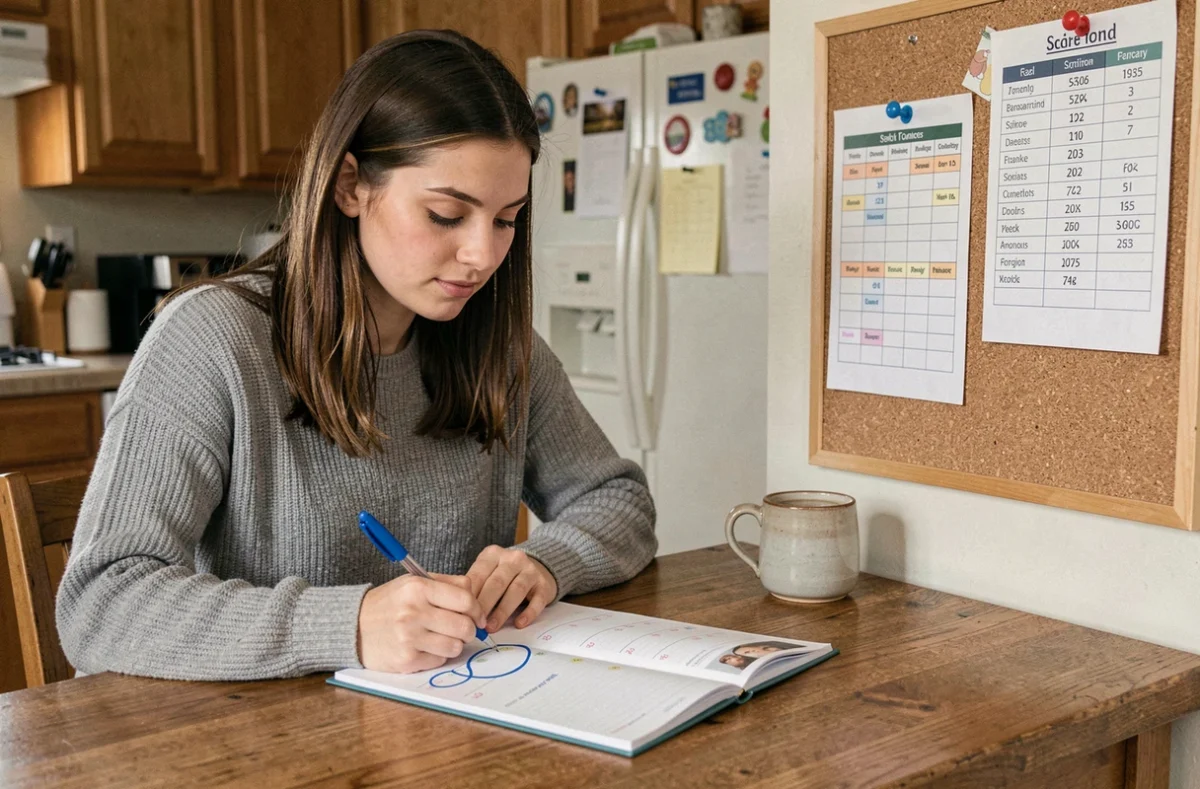 Mère organisant le calendrier scolaire semaine paire et impaire dans un agenda papier à la table de cuisine