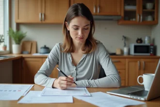 Jeune mère en congé maternité consultant des documents administratifs à la maison pour ses droits d'allaitement